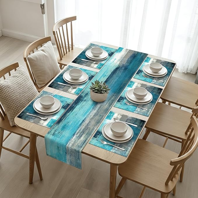 Teal and Gray Table Runner and Placemats Set of 6 Farmhouse Washable Linen Place Mats Rustic Abstract Art Table Decor for Kitchen Dining Coffee Outdoor Party(Teal and Gray, 13"x71"+12"x18")
