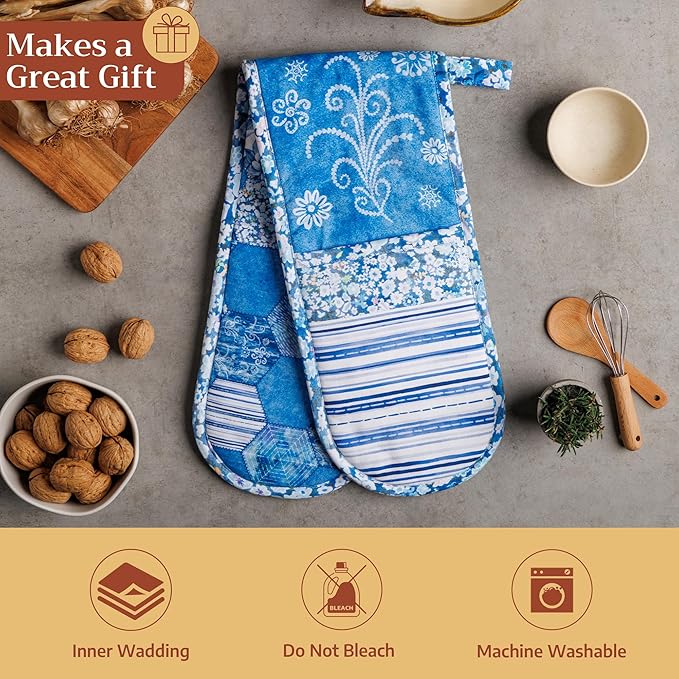 Maison d Hermine Summer Blue 100% Cotton Easter Double Oven Glove with Loop Heat Resistant for BBQ | Cooking | Baking | Grilling | Microwave | Barbecue | Spring/Summer (7.5 Inch by 35 Inch)