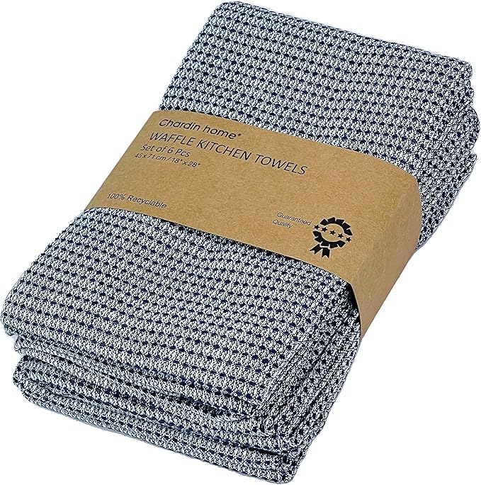 Chardin home Ecofriendly Upcycled Cotton Waffle Kitchen Towels Set, Navy Blue & White | 18x28 Inch Large Dish Cloths Set of 6 |Super Absorbent Reusable Ultra Soft Hand and countertop Tea Towels