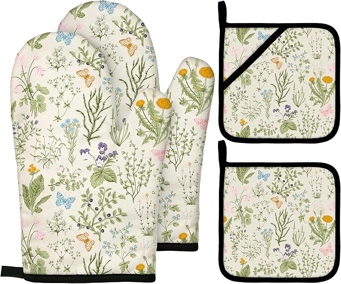Vintage Wild Floral Oven Mitts and Pot Holders Sets Green Botanical Butterfly Kitchen Oven Gloves Hot Pads Farmhouse Potholders and Kitchen Mitts 4Pcs for Baking Cooking BBQ (Beige)