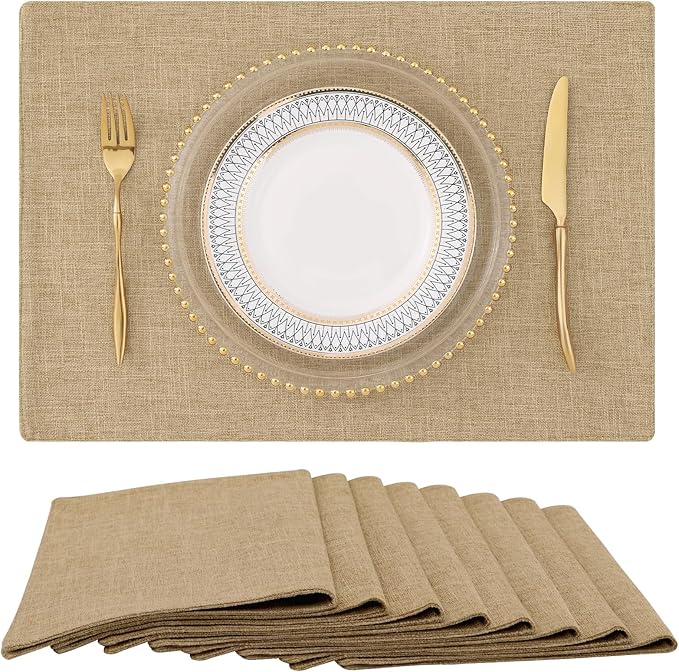 homing Cotton Linen Placemats Set of 8, Cloth Washable Farmhouse Dining Table Mats for Indoors & Outdoors, Easy to Clean, Linen, 13 x 19 Inch