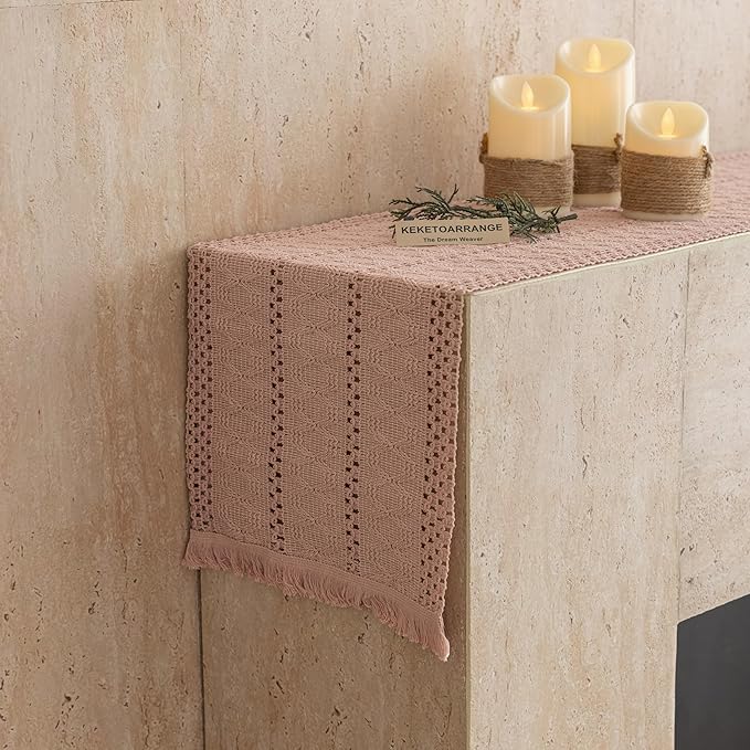 Keketoarrange Boho Pink Table Runner for Spring Decorations 12x60 Inches Farmhouse Small Macrame Woven Burlap Jute Rustic Coffee Table Runner Dresser Scarf Dining Kitchen Centerpiece Bohemian Decor