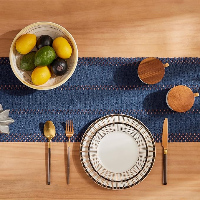 ZeeMart Macrame Style Boho Table Runner, Navy Table Runners 72 Inches Long, Farmhouse Woven Home Decor, 12x72 Inch, Navy Blue