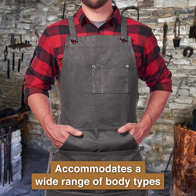 Hudson Durable Goods Deluxe Edition Waxed Canvas Tool Apron for Men and Women, Heavy Duty Work Apron with Pockets for Tools, Adjustable Crossback Straps - Grey