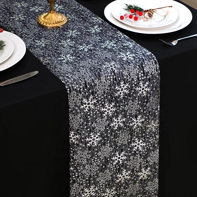 Snowkingdom Christmas Snowflake Silver Table Runner 11 Inch x 49 Feet Sparkly Silver Foil Glitter Metallic Mesh Runners Dining Table Decorations for Seasonal Winter Xmas Festival Holiday Home Party