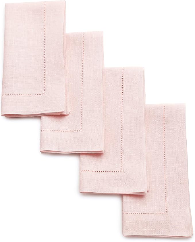 Solino Home Pink Linen Napkins Set of 4-100% Pure Linen Hemstitch Dinner Napkins 20 x 20 Inch for Mothers Day, Spring, Summer - Classic Hemstitch