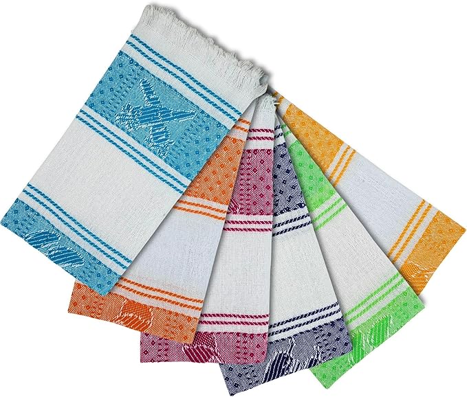 Jacq & Jürgen – Set of 6 Multicolor Cotton Cloth Napkins – 22"x18" – Dinner Table Linens or Tortilla Warmer Cloths - 100% Cotton - Premium Materials (6MexicanKitchenWhite)