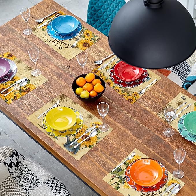 pinata Sunflower Linen Square Spring Placemats Set of 6, Sunflower Table Decor, Vintage Spring Summer Gnome Truck Washable Table Mats for Farmhouse Holiday Indoor Outdoor Party Dining Decoration