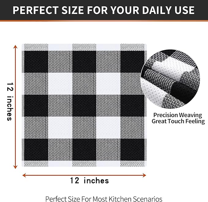 Homaxy 100% Cotton Waffle Weave Check Plaid Dish Cloths, 12 x 12 Inches, Super Soft and Absorbent Dish Towels Quick Drying Dish Rags, 8-Pack, White & Black