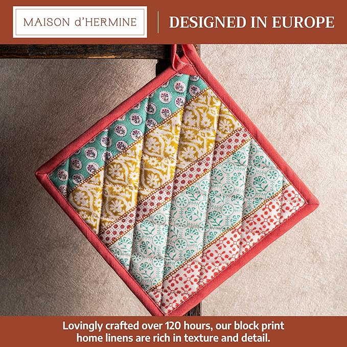 Maison d' Hermine Pot Holders 100% Cotton Heat Resistant Potholders 8" x 8" Hot Pads with Loop BBQ Cooking Baking Gifts for Mothers Day Handling Hot Pans Spring/Summer (Pack of 1, Provence)