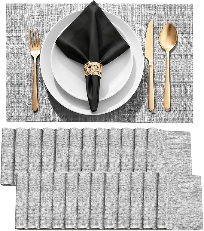 Durable Vinyl Placemats Set of 24, Non-Slip for Dining Table Mat, Heat Resistant Place Mats, Washable Anti-Slip PVC Easy to Clean Wipeable Premium Plastic Mats for Kitchen Grey