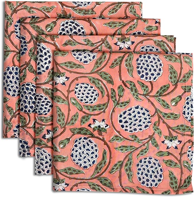 Ridhi Dark Salmon Hand Block Print 100% Cotton Napkins 18" x 18" (Set of 4) Reuseable Kitchen Napkins Cloth Decor Dinner Party Wedding Cocktail Gift for Spring, Easter, Valentine