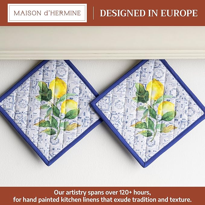 Maison d' Hermine Pot Holders 100% Cotton Heat Resistant Potholders 8" x 8" Hot Pads with Loop BBQ Cooking Baking Gifts for Mothers Day Handling Hot Pans Spring/Summer (Pack of 2, Citrus)