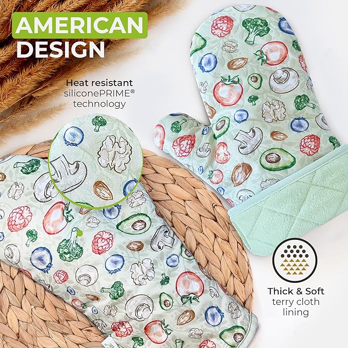 Premium Heat-Resistant Oven Mitts - Stylish and Beautiful - Non-Slip Platinum Silicone Grip - Long and Thick - 100% Natural Cotton Exterior and Soft Terry Cloth Lining - Cook'n'Chic Set of 2 - Green