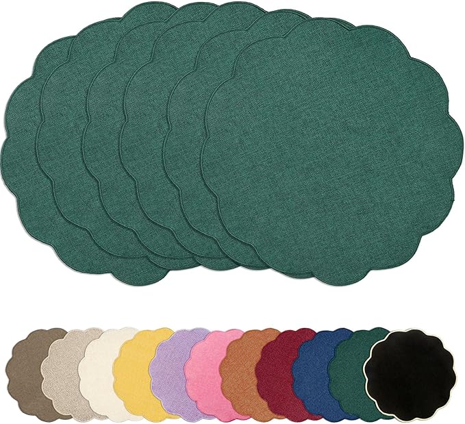 AHHFSMEI Round Faux Linen Placemats Set of 6 Heat Resistant Non-Slip Stain Proof Table Mats for Kitchen Dining Elegant Decor Place Mats (Forest Green,6)