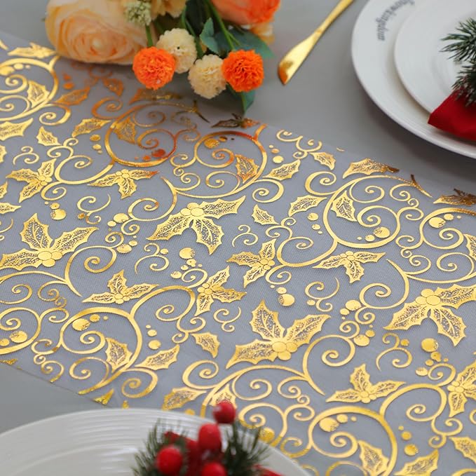 Snowkingdom 2 PCS Gold Spring Easter Table Runner 108 Inches Long, Gold Pinecone Flower Floral Table Decor for Winter Holiday Dining Kitchen Party New Year Home Decorations