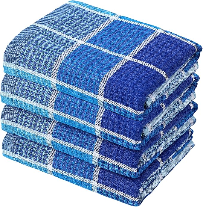 Bright Large Kitchen Towels, 4-Pack, 16 Inch x 26 Inch Buffalo Check Dish Towels for Washing Drying Dishes, Colorful Waffle Design Tea Towel Bar Towel (Blue)