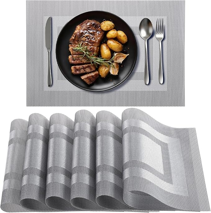 Timeet Gray Placemats Set of 6, Heat Resistant Non-Slip Place Mats, Durable Washable PVC Vinyl Woven Table Mats, Wipeable Placemats for Dining Table Easy to Clean
