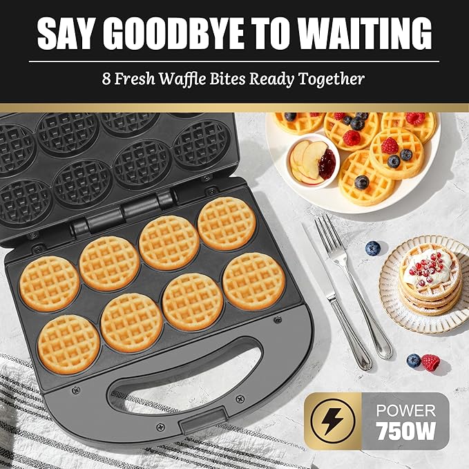 FineMade Mini Waffle Maker, Mini Waffle Iron, Waflera Electrica, Small Waffle Maker for Kids, Baby wafflera, Makes 8×2" Tiny Waffle Bites, Non-stick Surface, Ideal for Breakfast, Dessert and Snacks