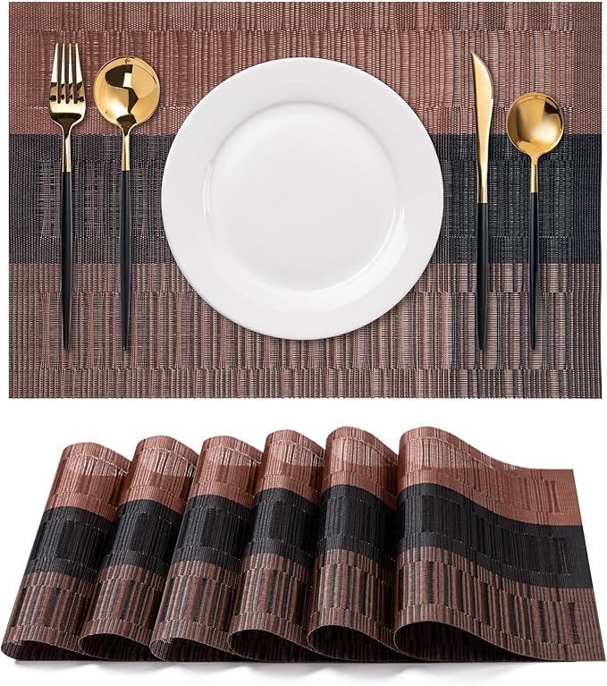 Placemats Set of 6 Washable Indoor/Outdoor Vinyl Place Mats for Dining Table Durable Non-Slip Heat Resistant PVC Weave Table Mats(Brown Black)