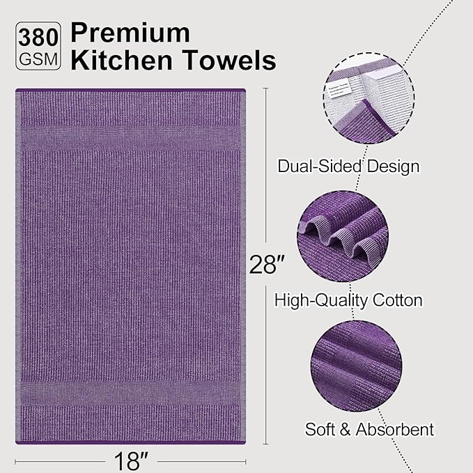 Mordimy Premium Kitchen Towels 6 Pack (18 x 28 Inches, Purple), Large Cotton Kitchen Hand Towel, Flat & Terry Dish Towels for Drying Dishes, Super Absorbent Tea Dishtowels Set with Hanging Loop