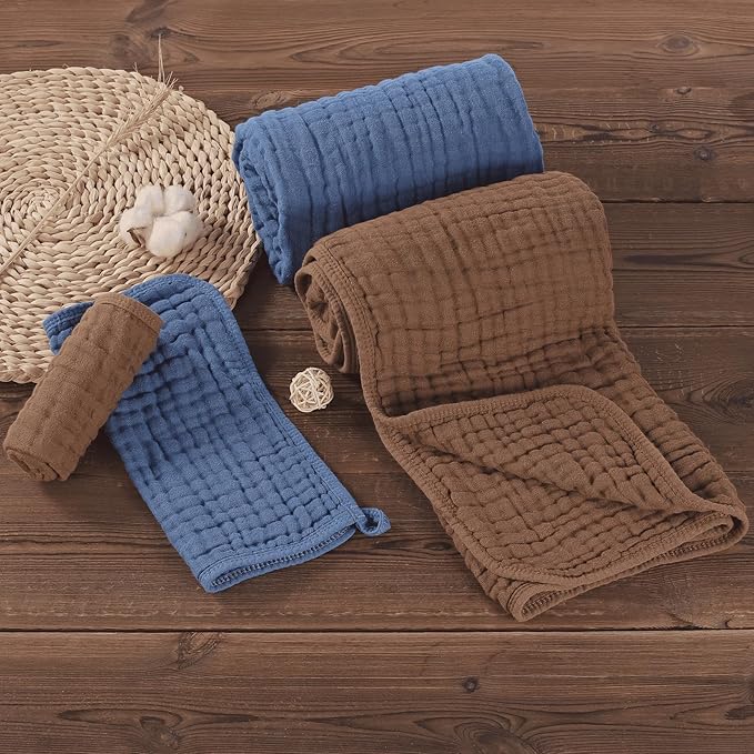 4-Piece Muslin Baby Towel Set - 100% Organic Cotton, (2) 6-Layer 32x32 Towels & (2) Washcloths, Bath, Beach & Pool Gift Set (Coffee & Blue)