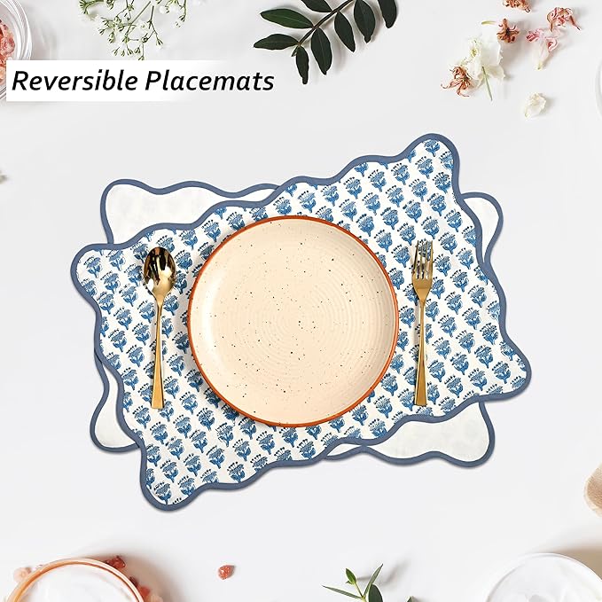 CPC Cotton Placemats Apatite Blue Set of 4-Hand Block Printed Reversible Placemats, Flower Scalloped & Embroidered Cloth Table Mats - 14 x 20 inch Gift for Spring, Mother's Day