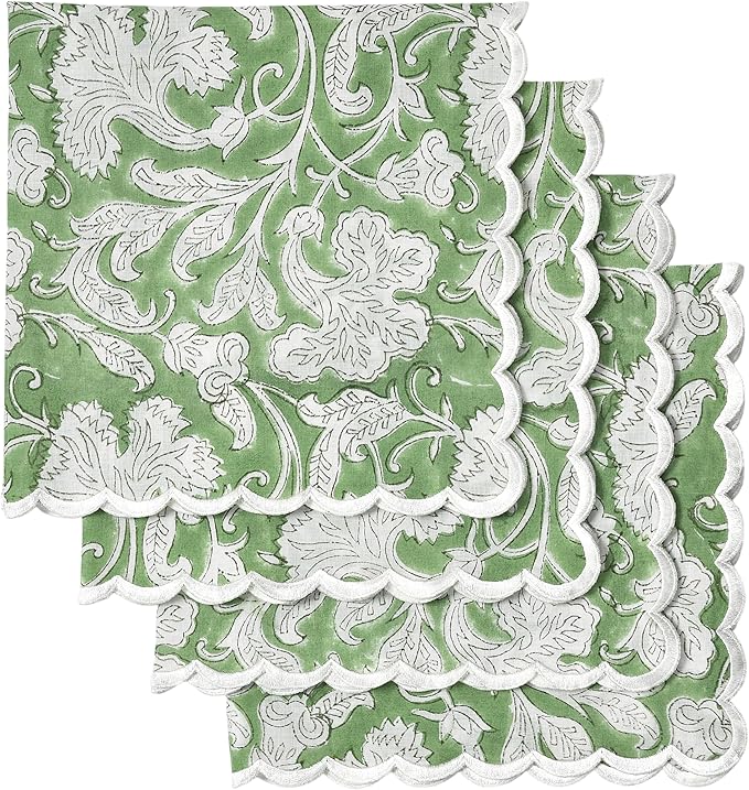 Ridhi Hand Block Print Sage Green 18" x 18" (Set of 4) Embroidery Table Napkins Reusable Cotton Dinner Napkins for Weddings, Parties, Everyday Dining Gift for Spring, Easter, Valentine