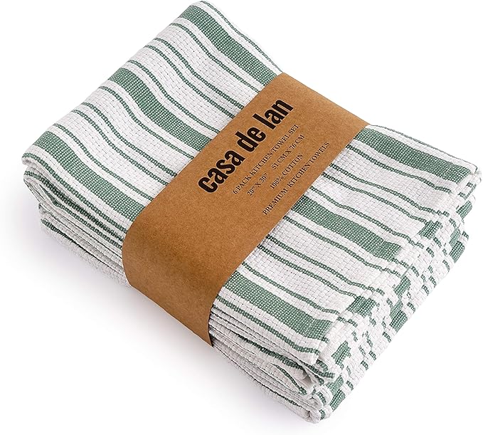 Kitchen Towels Set – Pack of 6 (20’’ x 30’’) Extra Large Premium Cotton Dish Towels for Kitchen – Basket Weave Towels – Absorbent – 100% Cotton – with Hanging Loop – Green