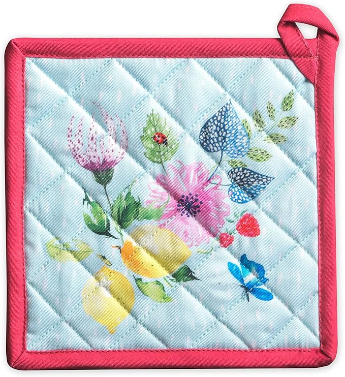 Maison d' Hermine Pot Holders 100% Cotton Heat Resistant Potholders 8" x 8" Hot Pads with Loop BBQ Baking Gifts for Mothers Day Handling Hot Pans Spring/Summer (Pack of 1, Jardin D'Ete - Mint)