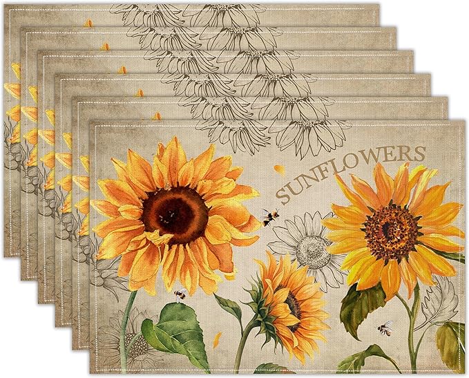 Sunflower Linen Placemats Set of 6, 12x18 Inch Farmhouse Spring Summer Sunshine Table Mats, Washable Table Decor for Kitchen Dining Indoor Outdoor Party Holiday