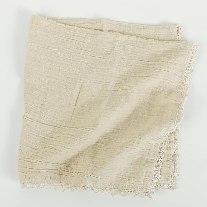 FINGERCRAFT Dinner Cloth Napkin Cotton Muslin Double Gauze 12 Pack with Classic Lace for Everyday Use, Wedding, Party, Christmas, Easter Napkins Cloth are Pre Shrunk and Good Absorbency Beige