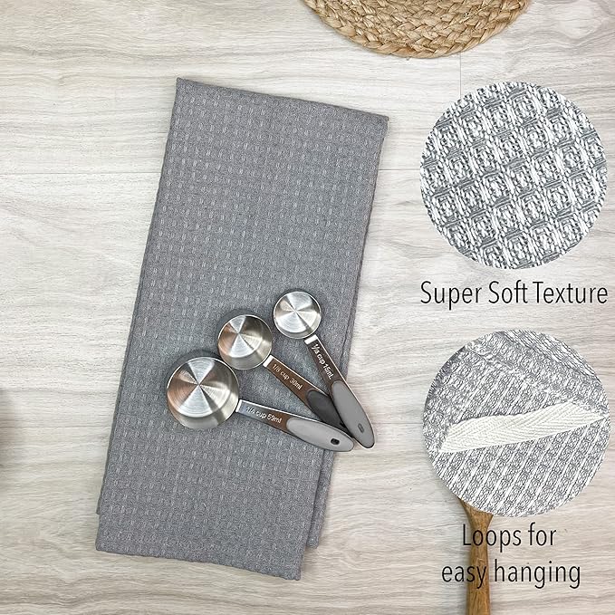 Chardin home Recycled Cotton 18x28 Inch Kitchen/Dish Cloths Set of 8 | 4 Assorted Woven Kitchen Towels & 4 Waffle Towels, Grey | Super Absorbent Reusable Hand and countertop Ultra Soft Tea Towels