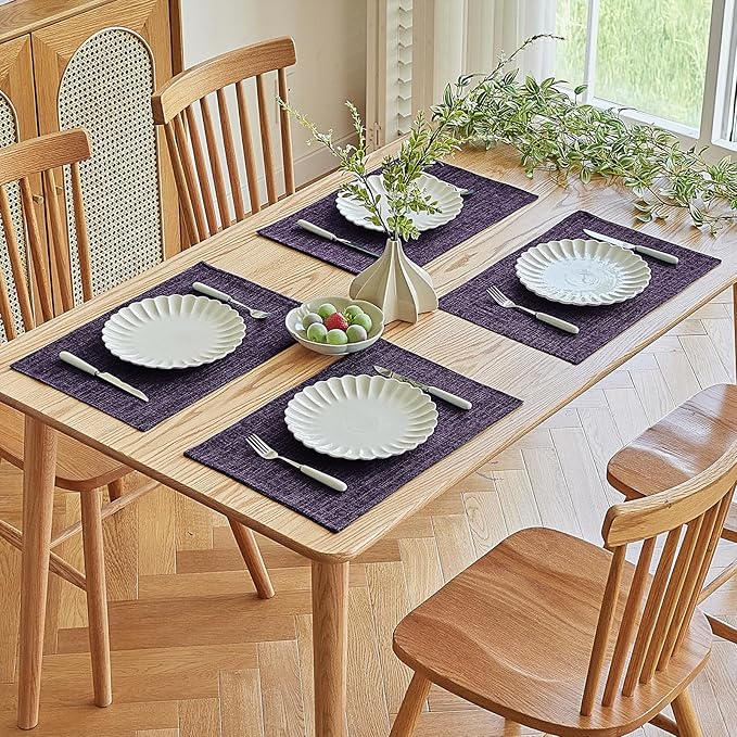 Softalker Faux Linen Placemats Set of 4-12 x 18 Inch, Heat Resistant Double Layered Durable Burlap Farmhouse Place Mats, Non-Slip Washable Rustic Table Mats for Dining, Kitchen, Party（Purple