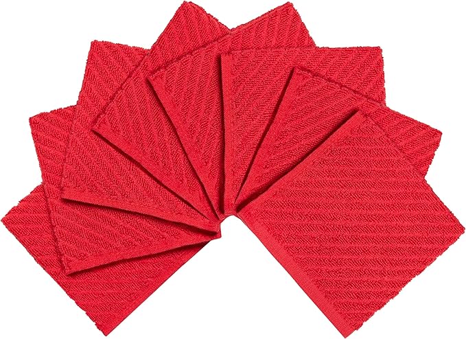 Bumble Towels Premium Kitchen Dish Cloths (12" x 12") | 8 Pack | Diagonal Deluxe Dish Cloth | High Absorbent Tea Towels Set | Red