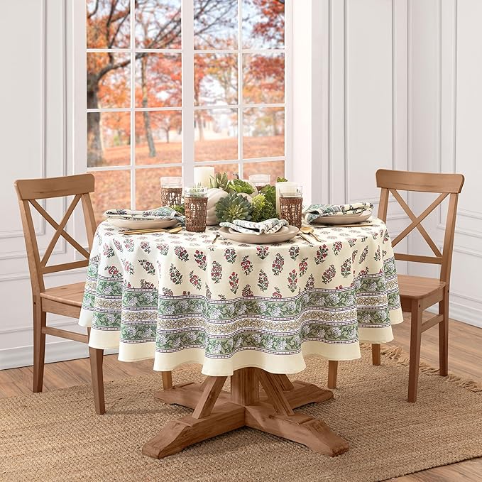 Elrene Home Fashions Nomad Harvest Block Print Fall/Thanksgiving Oval Tablecloth, 60"x84"