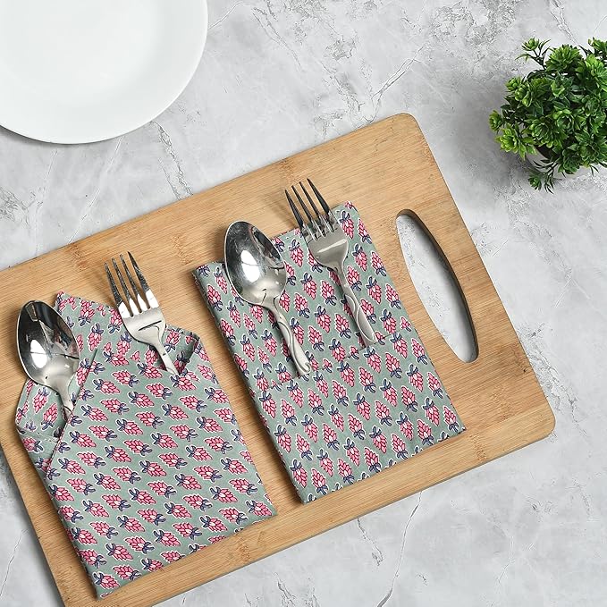 CPC Grey Teal Indian Block Print Cotton Cloth Napkins Set of 4, 18x18 Reusable Everyday Napkins, Soft, Absorbent, Floral Dinner Napkin, Holiday, Party Gift, Spring,Mother's Day
