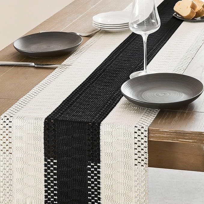 ZeeMart Macrame Style Bicolor Stitching Table Runner, 14 x 48 Inch Black/Ivory, Boho Black Table Runners 48 Inches Long, Farmhouse Woven Home Decor