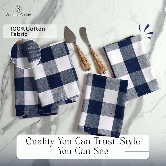 Buffalo Checked Cloth Napkins, 16x16 inch, Washable, Absorbent, Soft, Elegant Table Decorative Napkins for Luncheon, Dinner, Party, Wedding, Everyday Use - Navy White (Set of 4)