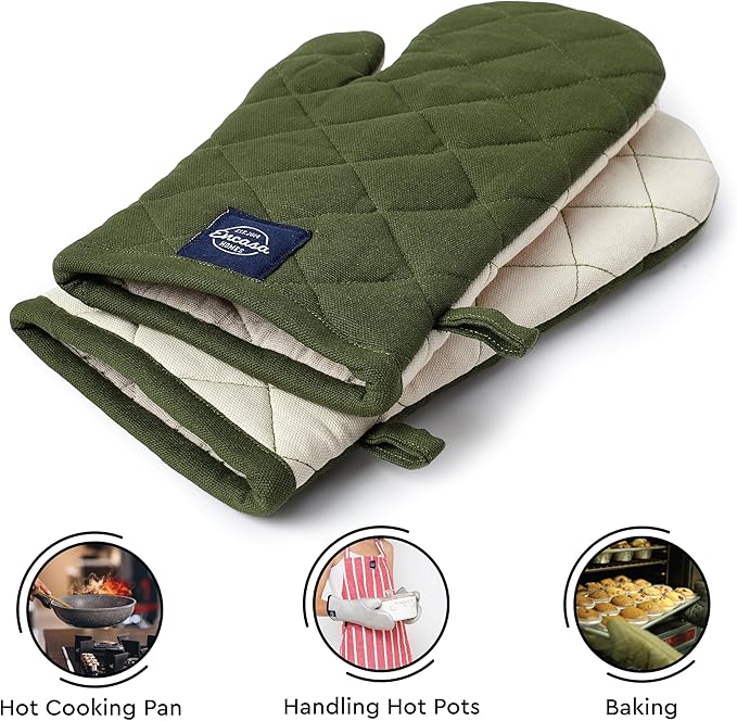 Encasa XO Heat Resistant Cotton Oven Gloves Mitts (2 Pc Set) - Quilted & Safe 12x6.6 in - for Kitchen, Cooking & Baking, Grilling, Handling Hot Pots & Pans - Leaf Green
