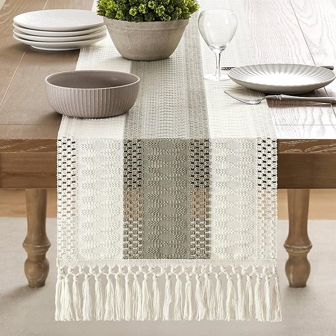 ZeeMart Macrame Style Bicolor Stitching Table Runner, 14 x 108 Inch Dark Sage/Ivory, Boho Grey Sage Table Runners 108 Inches Long, Farmhouse Woven Home Decor