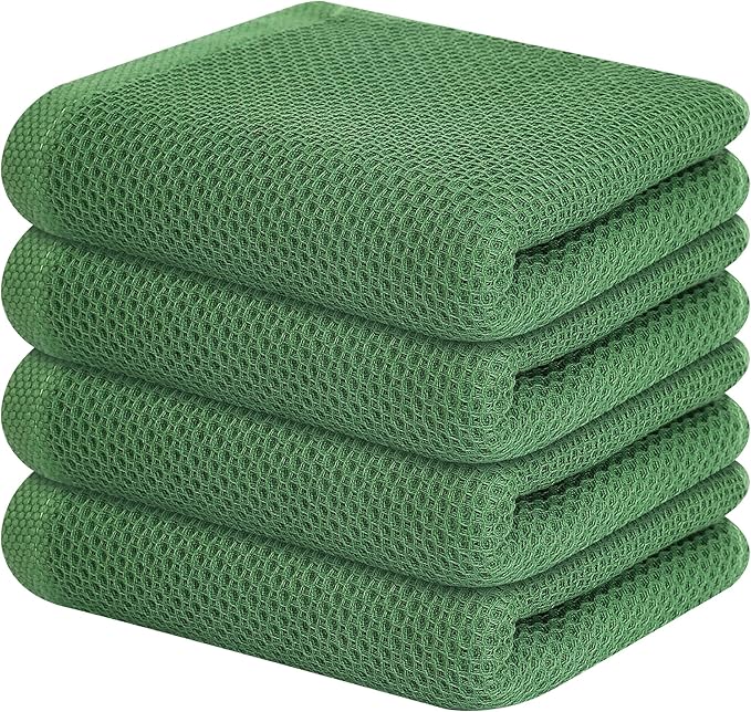 Kitinjoy 100% Cotton Waffle Weave Kitchen Hand Towels (13 x 28 Inches, Grass Green), 4-Pack Super Soft and Absorbent Dish Towels for Drying Dishes