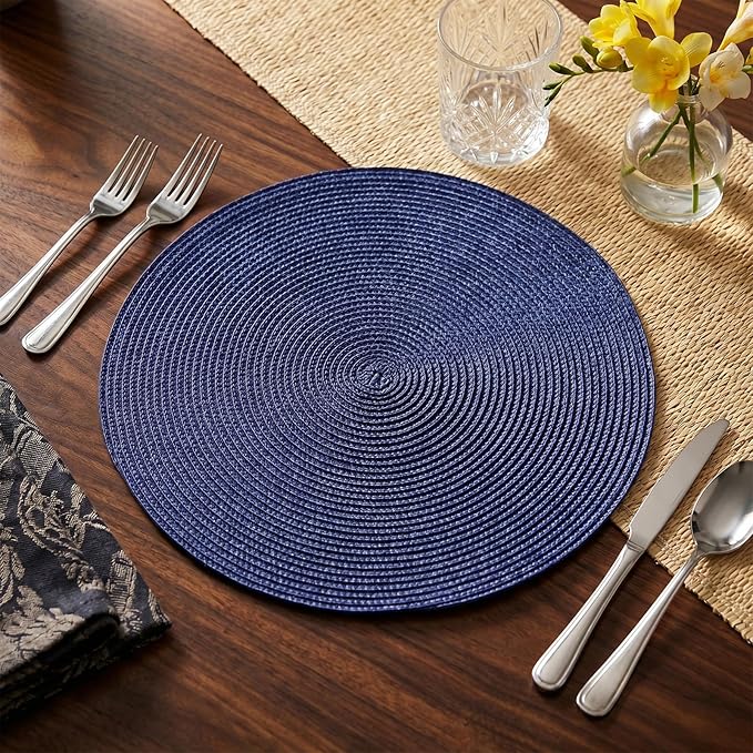 AHHFSMEI Round Placemats Set of 6 Heat Resistant Washable Non-Slip Woven Braided Table Mats for Dining Table Kitchen & Home Decor (Navy Blue)