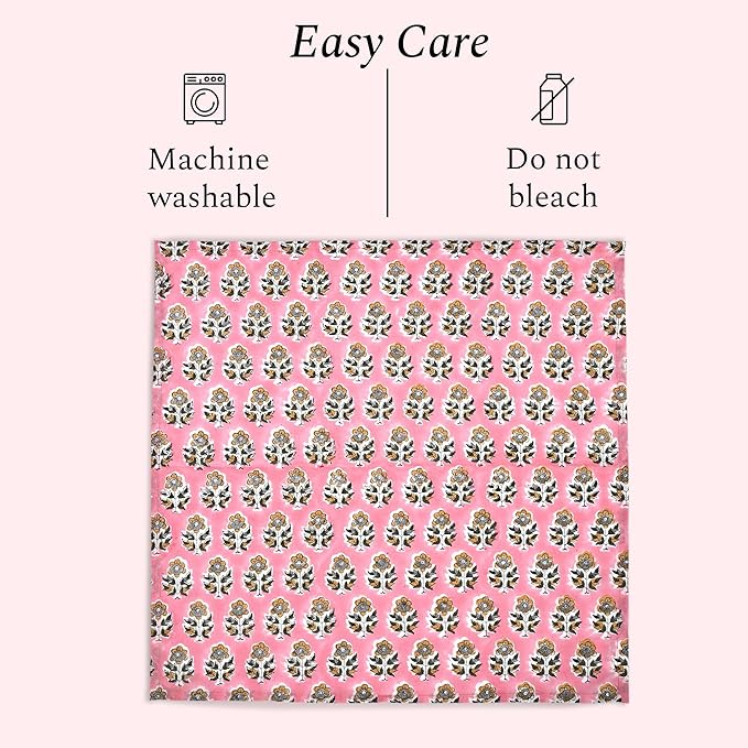 CPC Poppy Pink Indian Block Print Cotton Cloth Napkins Set of 4, 18x18 Reusable Everyday Napkins, Soft, Absorbent, Floral Dinner Napkin, Holiday, Party Gift, Spring,Mother's Day