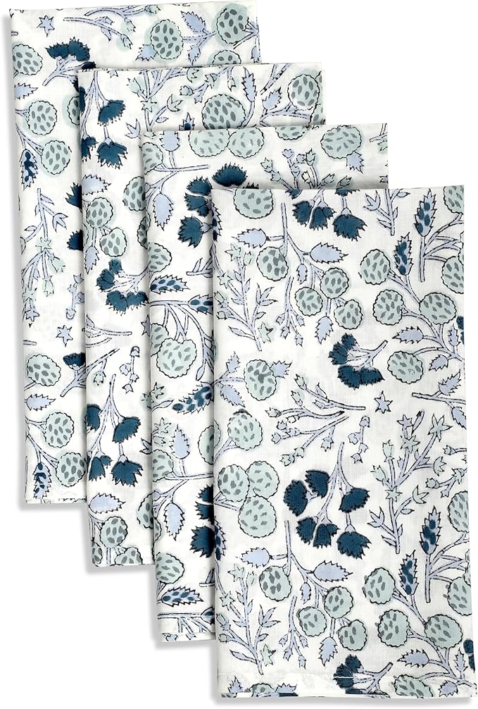 Ridhi Denim Blue Hand Block Print 100% Cotton Napkins 18" x 18" (Set of 4) Reuseable Kitchen Napkins Cloth Decor Dinner Party Wedding Cocktail Gift for Spring, Easter, Valentine