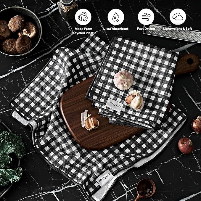 RECYCO Waffle Kitchen Towel Set of 2 - Quick Dry Microfiber Sustainable Dish Towels - Ultra Absorbent Reusable Cleaning Tea Towels - Lightweight Hand Towels,16”x 28”, Iron Black Plaid