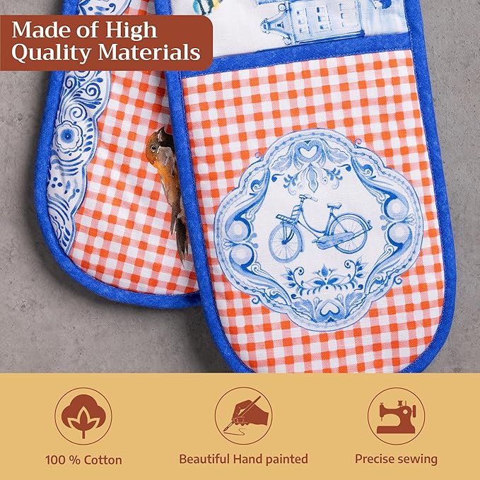 Maison d' Hermine Double Oven Mitts 100% Cotton 7"x35" Double Oven Mitt Heat Resistant BBQ Cooking Gloves with Loop Baking Grilling Gifts for Mothers Day Spring Summer (Amsterdam Canals)