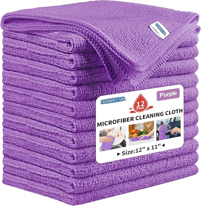 Microfiber Cleaning Cloth, 12 Pack Purple Cleaning Rags,12" X 11" Lint Free Dish Towels Wash Cloths, Reusable Microfiber Towels for Home and Kitchen Bathroom Apartment Cleaning Supplies