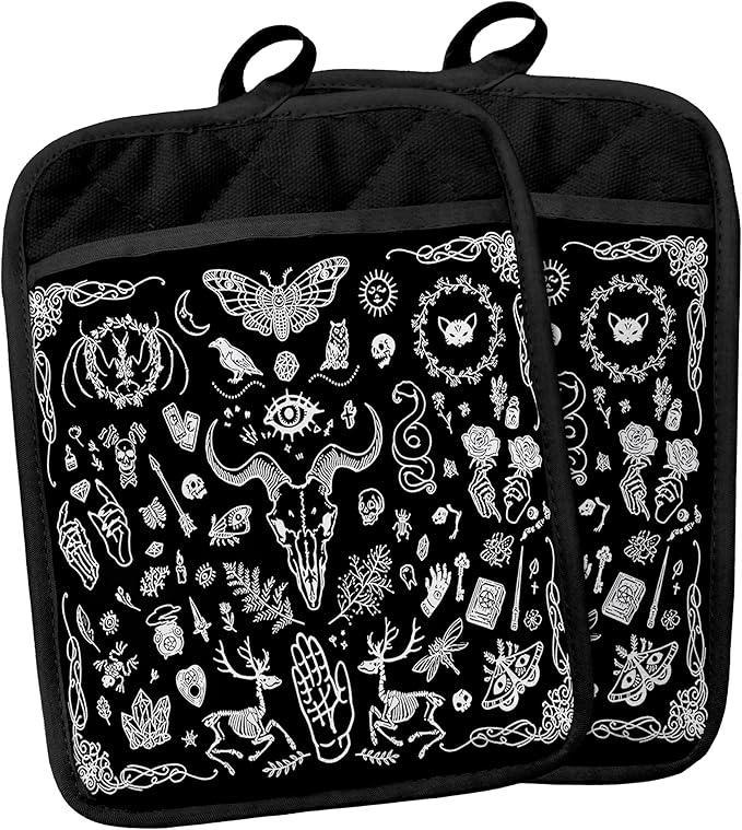 Gothic Witchy Skull Pot Holders with Pockets, Witchy Gifts, Goth Black Pot Holders Heat Resistant Oven Mitts Hot Pads for Kitchen Baking Cooking,Potholders for Kitchens