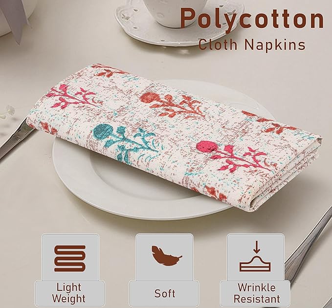 Ruvanti Cloth Napkins Set of 12, 18x18 Reusable Napkins Cloth Washable, Soft & Durable Table Napkin, Poly Cotton Fabric Dinner Napkins for Parties, Christmas, Thanksgiving, Weddings - Block Print